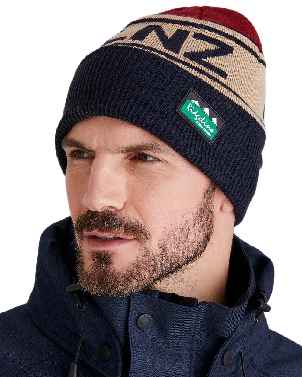 Navy Multi Coloured Ridgeline RLNZ Knitted Beanie on white background #colour_navy-multi