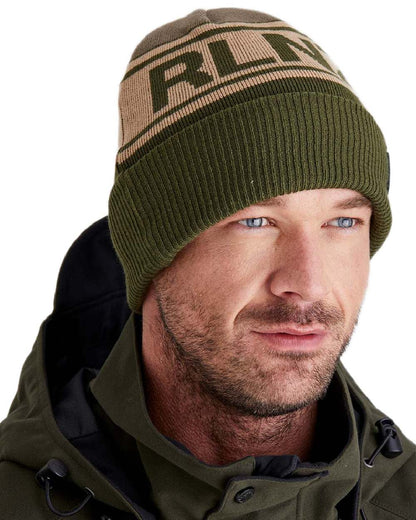 Olive Multi Coloured Ridgeline RLNZ Knitted Beanie on white background #colour_olive-multi