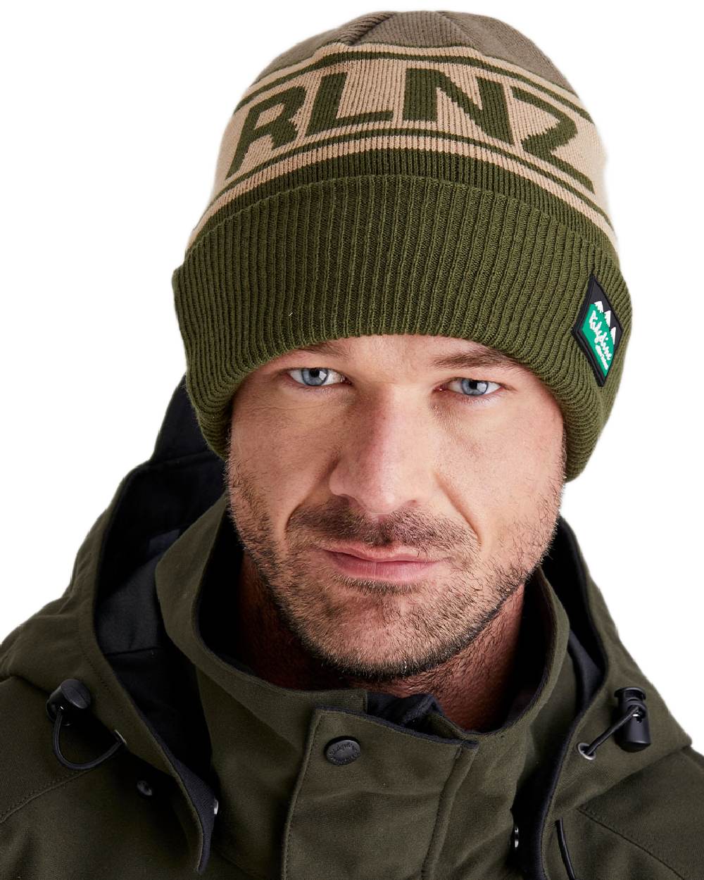 Olive Multi Coloured Ridgeline RLNZ Knitted Beanie on white background #colour_olive-multi