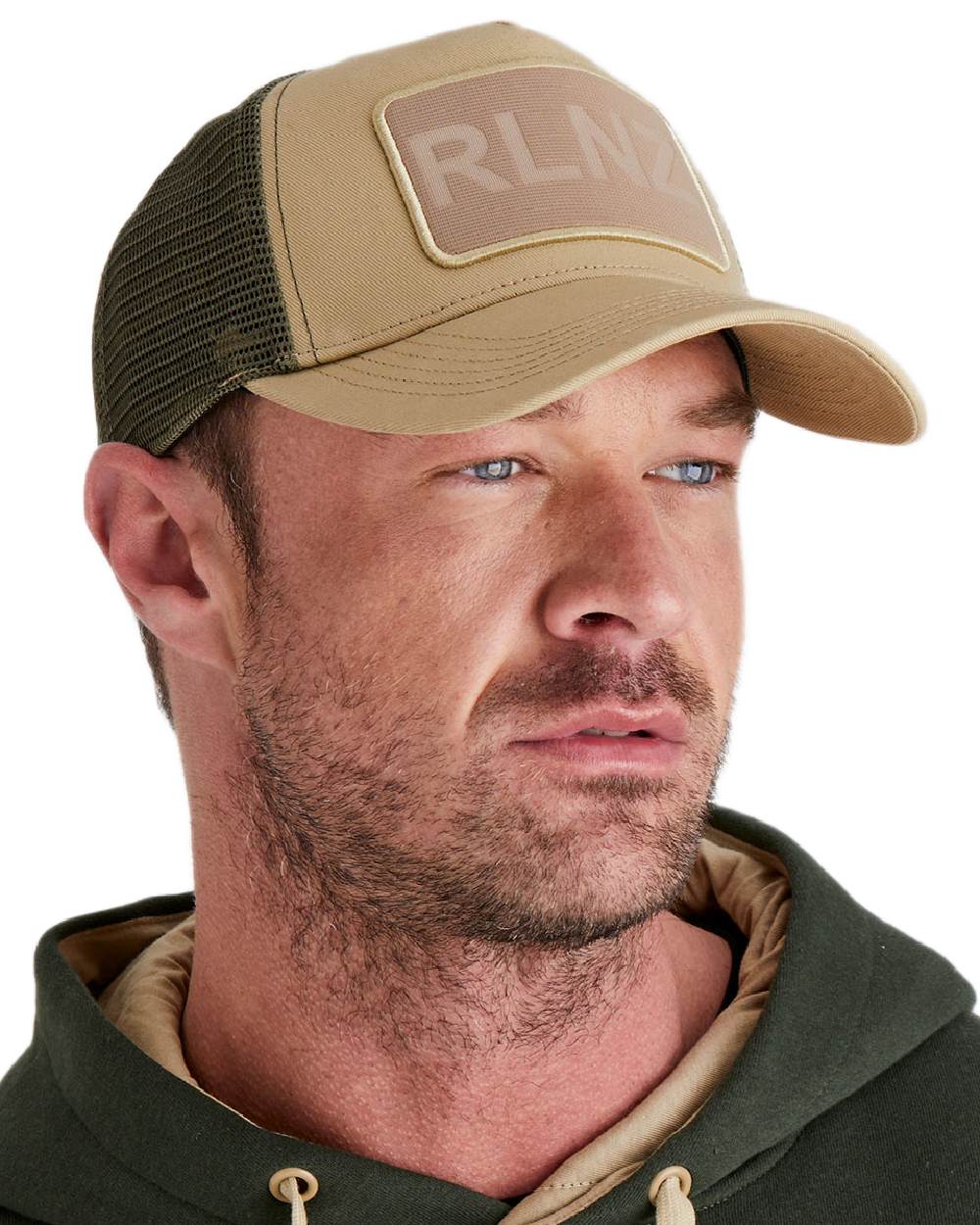 Eucalyptus Coloured Ridgeline RLNZ Trucker Cap on white background #colour_eucalyptus