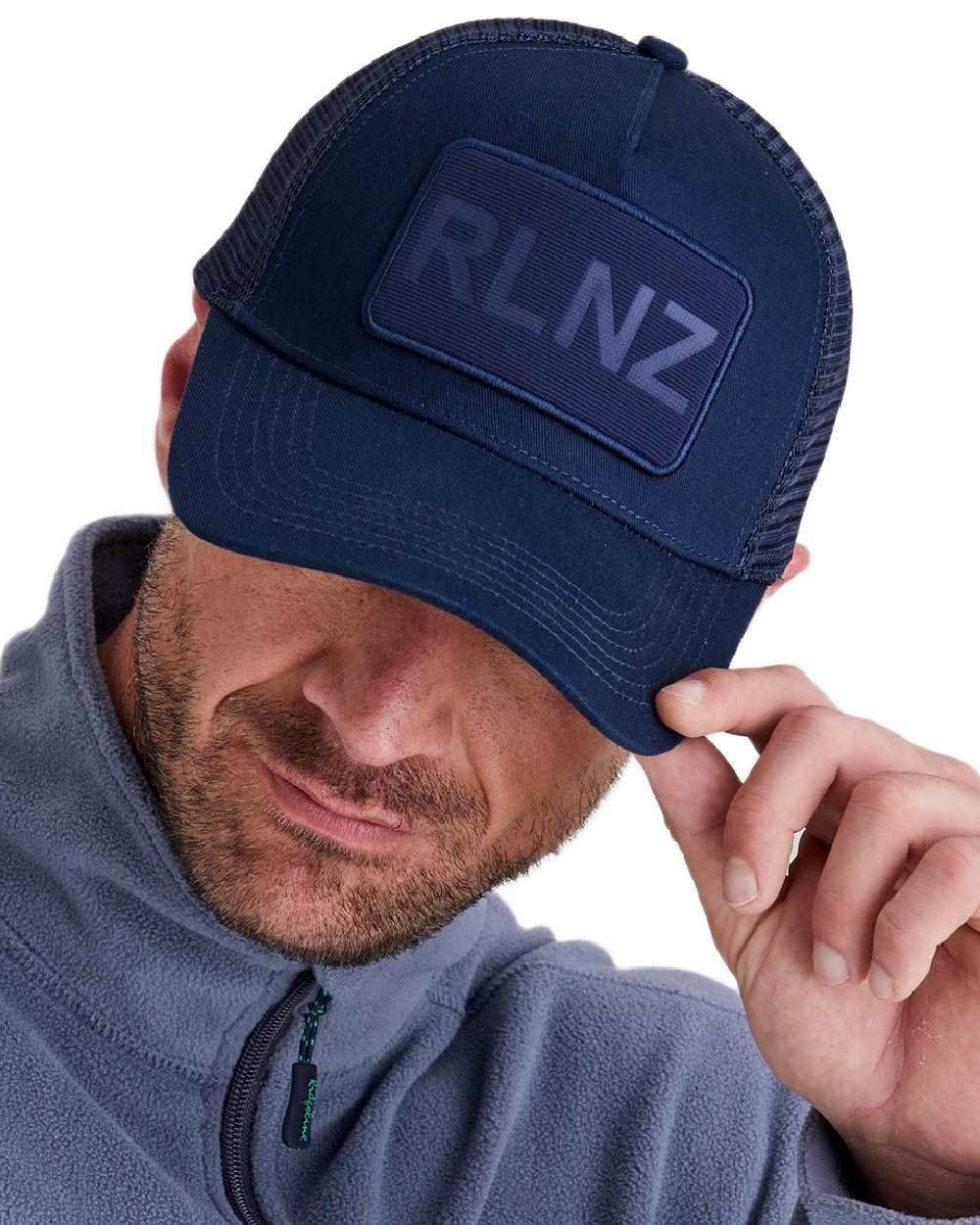 Navy Coloured Ridgeline RLNZ Trucker Cap on white background #colour_navy