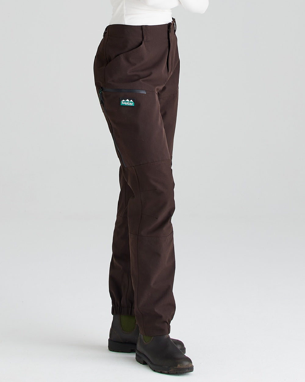 Deep Bark coloured Ridgeline Womens Cambrian Trousers on grey background #colour_deep-bark