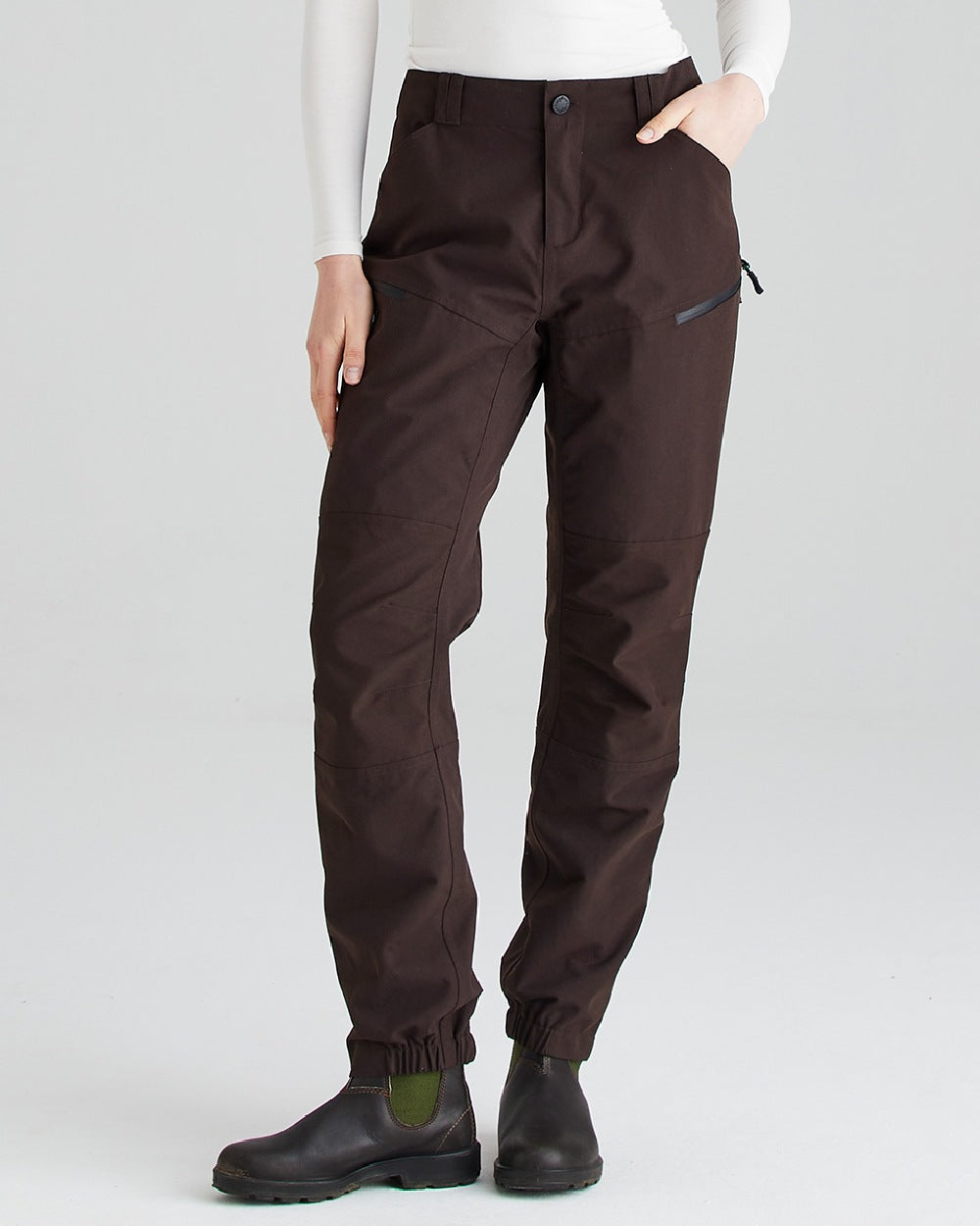 Deep Bark coloured Ridgeline Womens Cambrian Trousers on grey background #colour_deep-bark