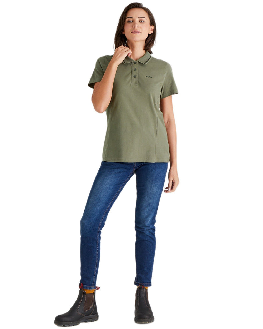 Smokey Olive coloured Ridgeline Womens Kilworth Polo Shirt on white background #colour_smokey-olive