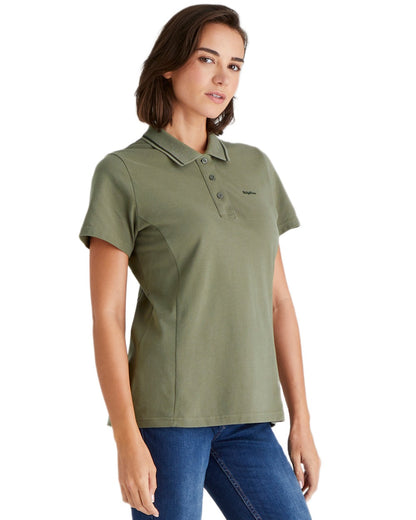 Smokey Olive coloured Ridgeline Womens Kilworth Polo Shirt on white background #colour_smokey-olive