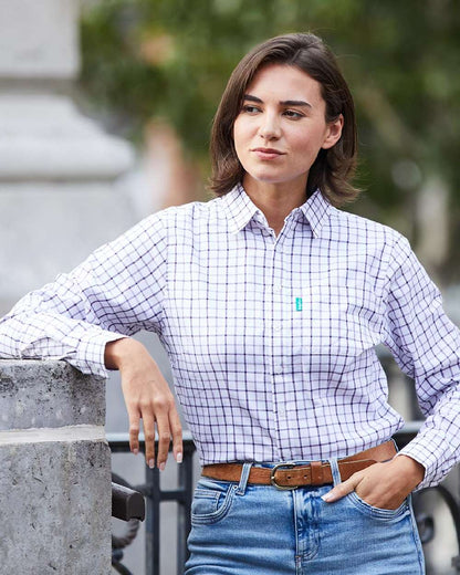 Nightshade Lilac Coloured Ridgeline Womens Sedgebrook Shirt on outdoor background #colour_nightshade-lilac