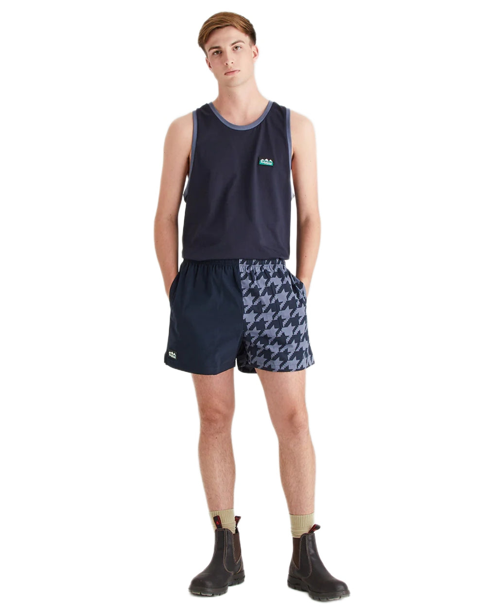 Navy Print Coloured Ridgeline Backslider Shorts on white background #colour_navy-print