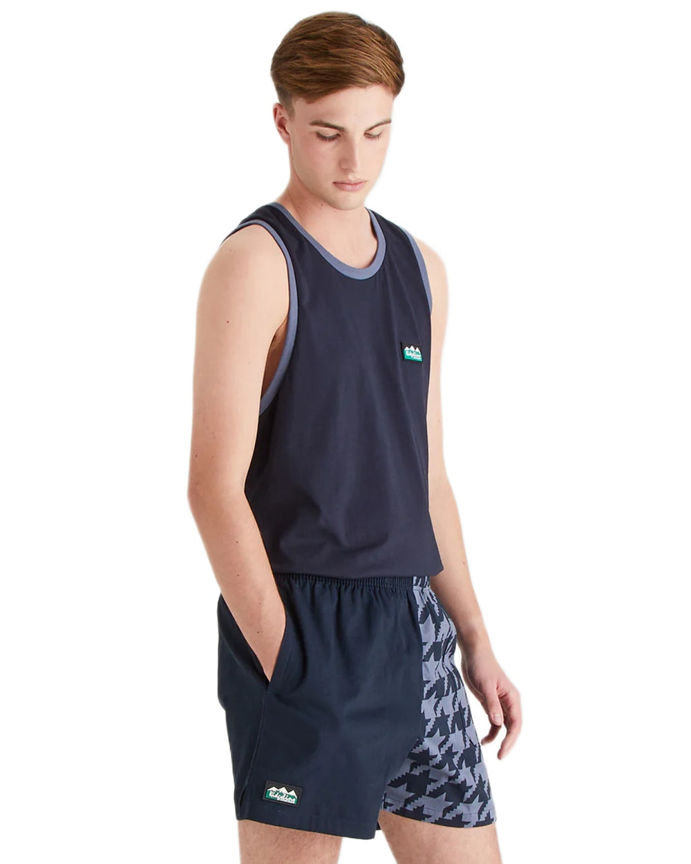 Navy Print Coloured Ridgeline Backslider Shorts on white background #colour_navy-print