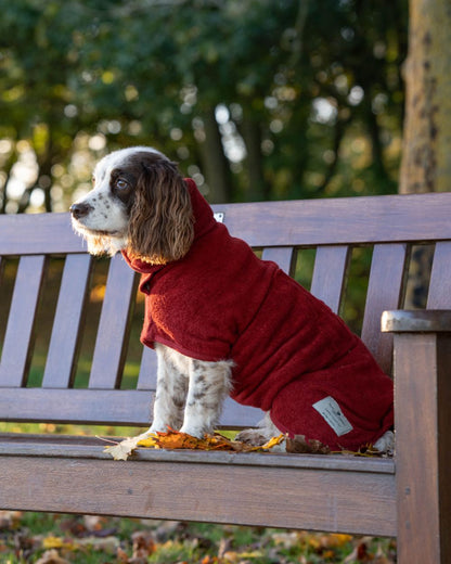 Rosehip coloured Ruff & Tumble Classic Dog Drying Coat side on a bench #colour_rosehip