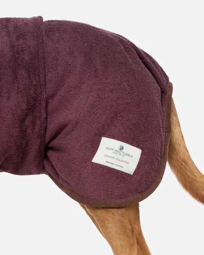 Burgundy coloured Ruff & Tumble Country Dog Drying Coat on ginger dog on white background #colour_burgundy