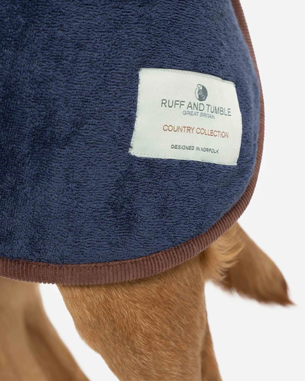 French Navy coloured Ruff & Tumble Country Dog Drying Coat on ginger dog on white background #colour_french-navy