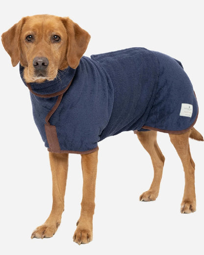 French Navy coloured Ruff & Tumble Country Dog Drying Coat on ginger dog on white background #colour_french-navy