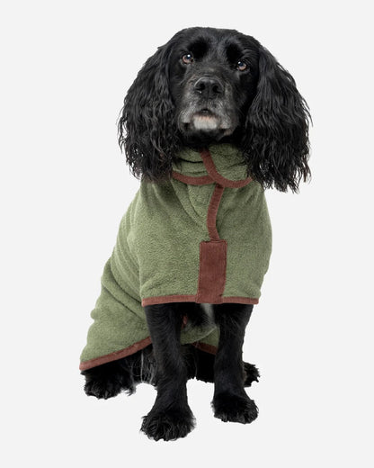 Moss coloured Ruff & Tumble Country Dog Drying Coat on black dog sat down #colour_moss