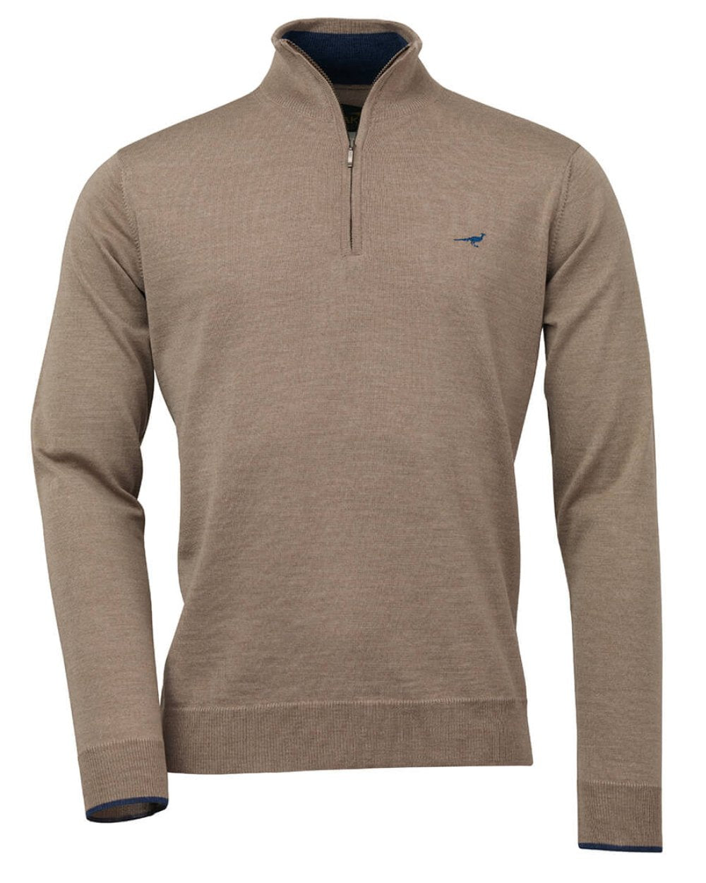 Sand Coloured Laksen Norfolk Zip Neck Merino Sweater On A White Background #colour_sand