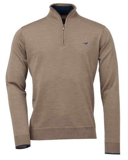 Sand Coloured Laksen Norfolk Zip Neck Merino Sweater On A White Background #colour_sand