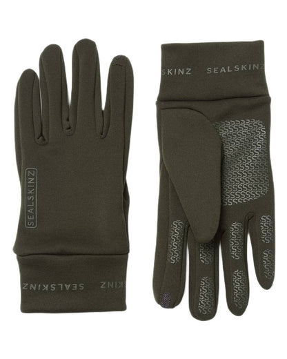 Olive Coloured Sealskinz Acle Water Repellent Nano Fleece Glove on white background #colour_olive