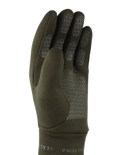 Olive Coloured Sealskinz Acle Water Repellent Nano Fleece Glove on white background #colour_olive