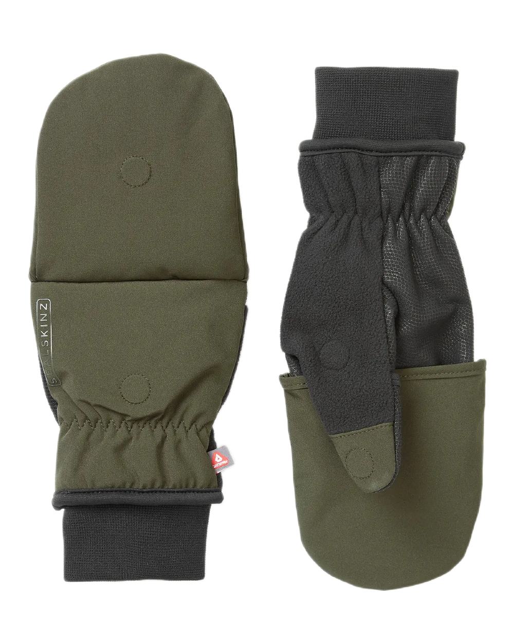 Olive Coloured Sealskinz Walpole Windproof Cold Weather Convertible Mitt on white background #colour_olive