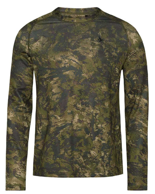 InVis Green Coloured Seeland Active Camo Long Sleeve T-Shirt on white background #colour_invis-green