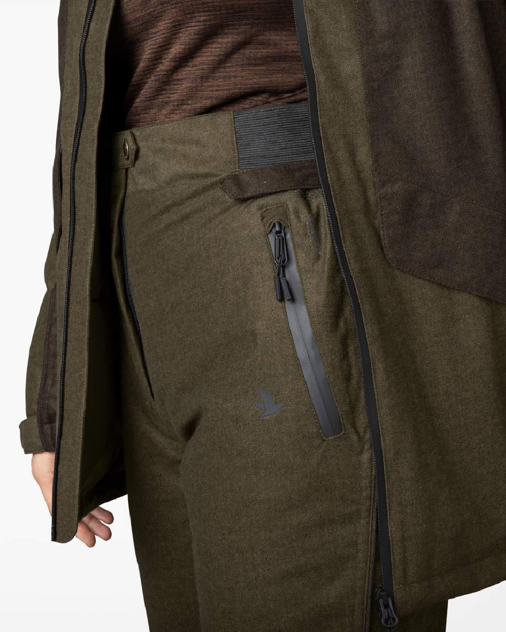 Pine Green Demitasse Brown Coloured Seeland Avail Aya Insulated Trousers on white background #colour_pine-green-demitasse-brown