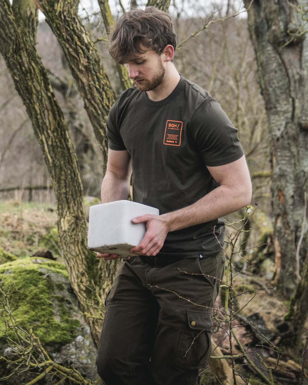 Pine Green coloured Seeland BGH T-Shirt on forest background #colour_pine-green