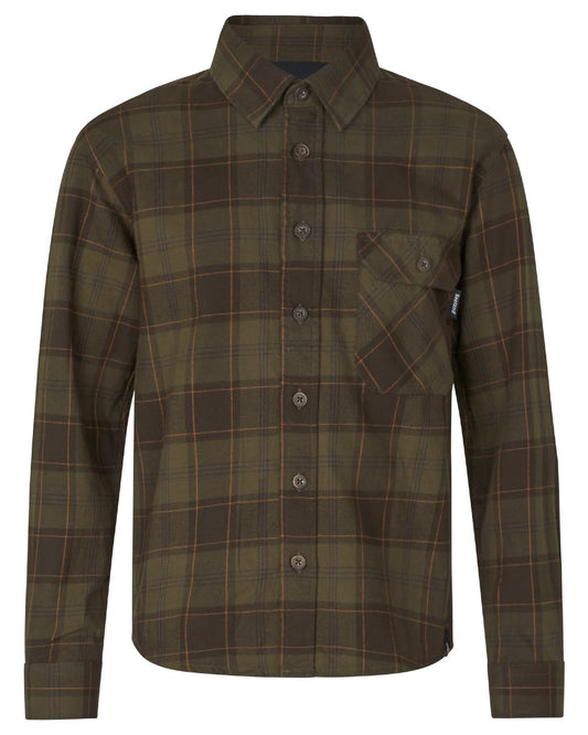 Pine Green Dark Navy Check Coloured Seeland Childrens Glen Flannel Shirt on white background #colour_pine-green-dark-navy-check