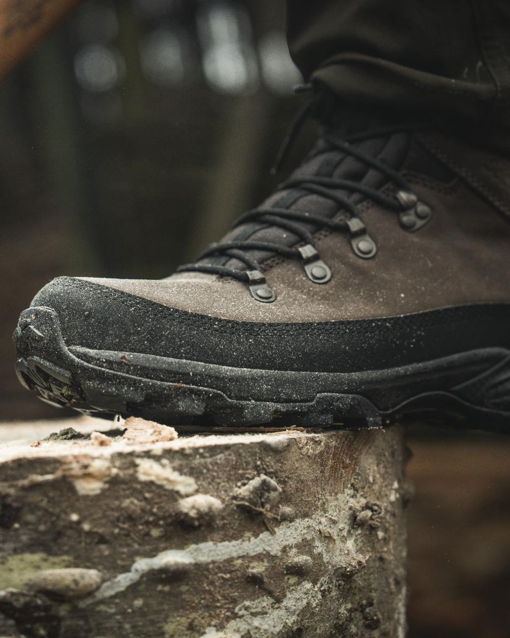 Dark Brown coloured Seeland Enduro Explore Mid Boots on forest background #colour_dark-brown