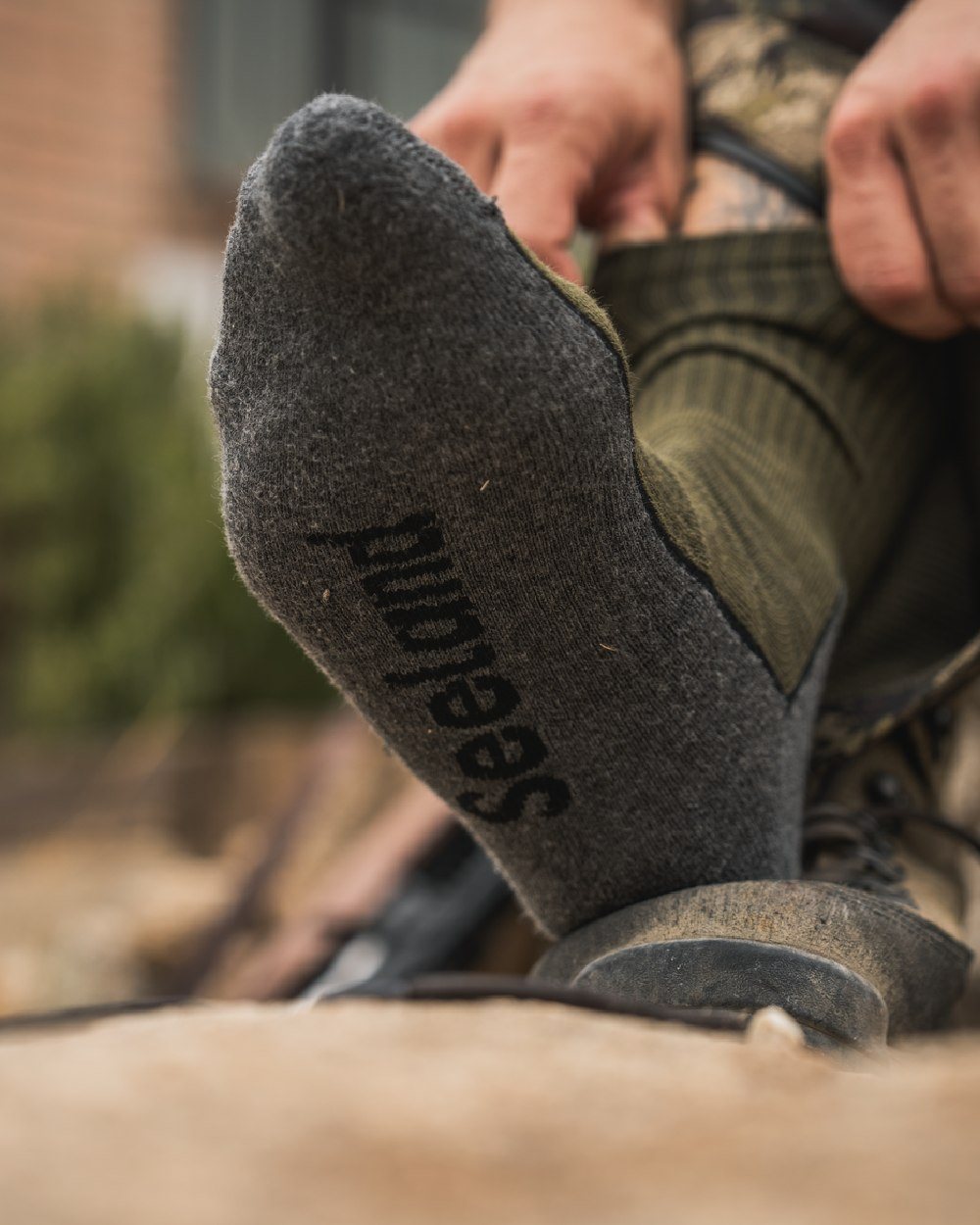 Pine Green Dark Grey Coloured Seeland Field Sock Triple Pack on Blurry Background
#colour_pine-green-dark-grey