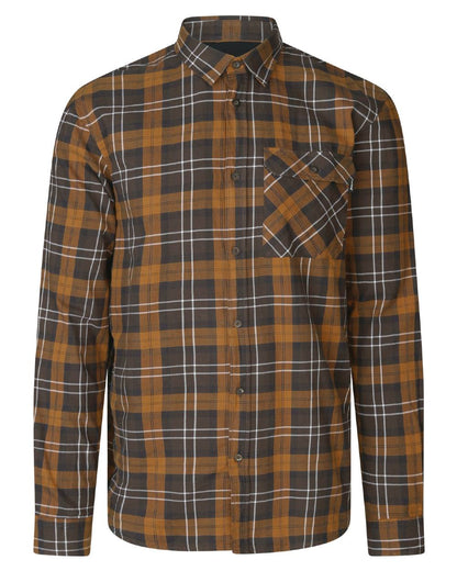 Dark Brown Camel Check coloured Seeland Glen Flannel Shirt on white background #colour_dark-brown-camel-check