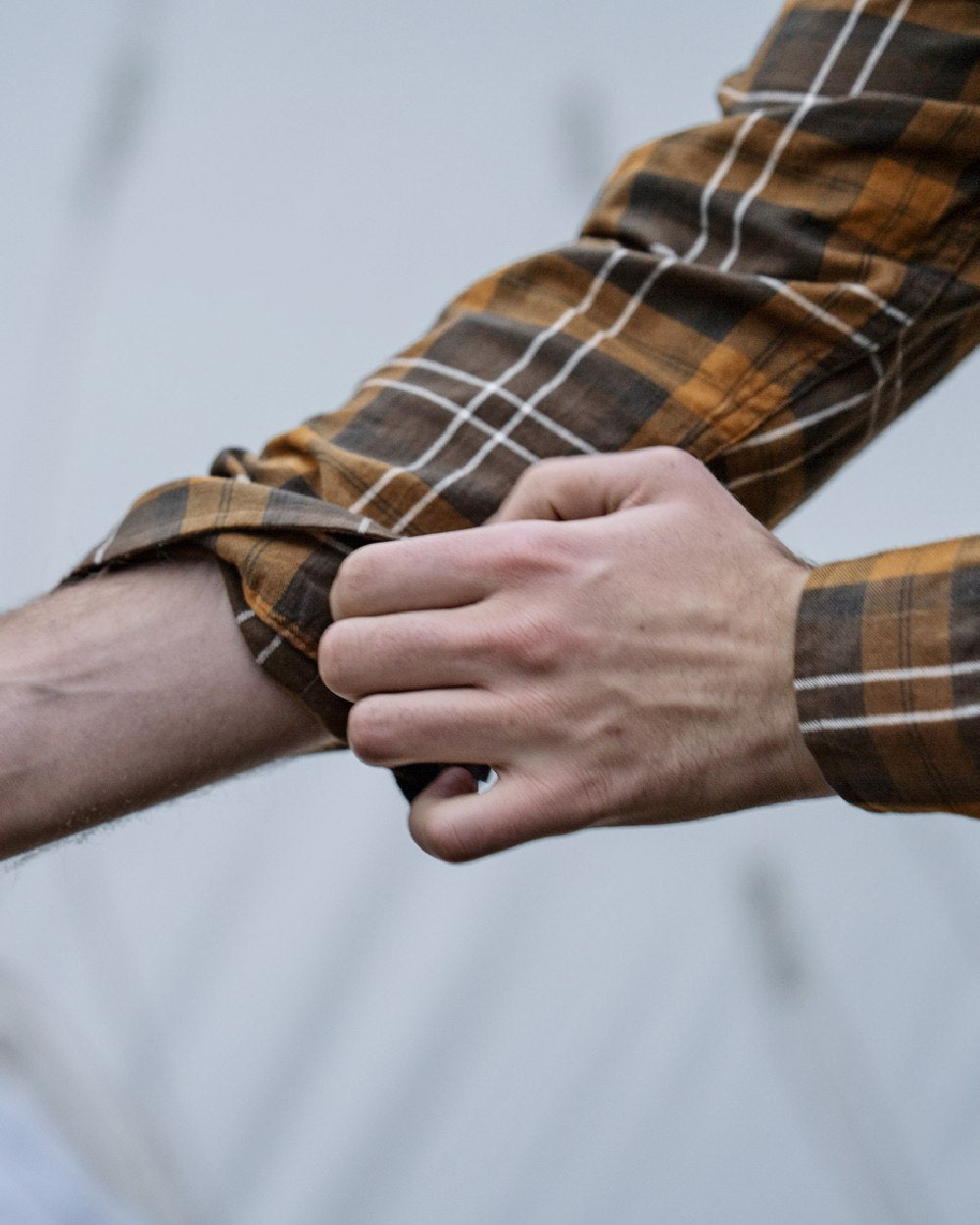 Dark Brown Camel Check coloured Seeland Glen Flannel Shirt on outdoor background #colour_dark-brown-camel-check