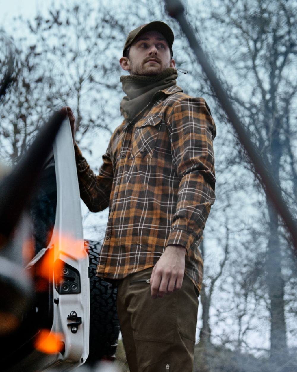 Dark Brown Camel Check coloured Seeland Glen Flannel Shirt on outdoor background #colour_dark-brown-camel-check