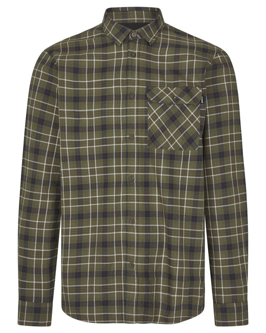 Grape Leaf Dark Navy Check Coloured Seeland Glen Flannel Shirt On A White Background #colour_grape-leaf-dark-navy-check