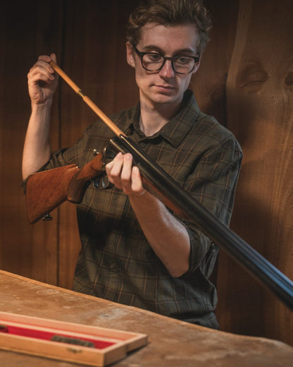Pine Green Dark Navy Check Coloured Seeland Glen Flannel Shirt On A Outdoor Background #colour_pine-green-dark-navy-check