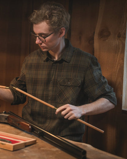 Pine Green Dark Navy Check Coloured Seeland Glen Flannel Shirt On A Outdoor Background #colour_pine-green-dark-navy-check