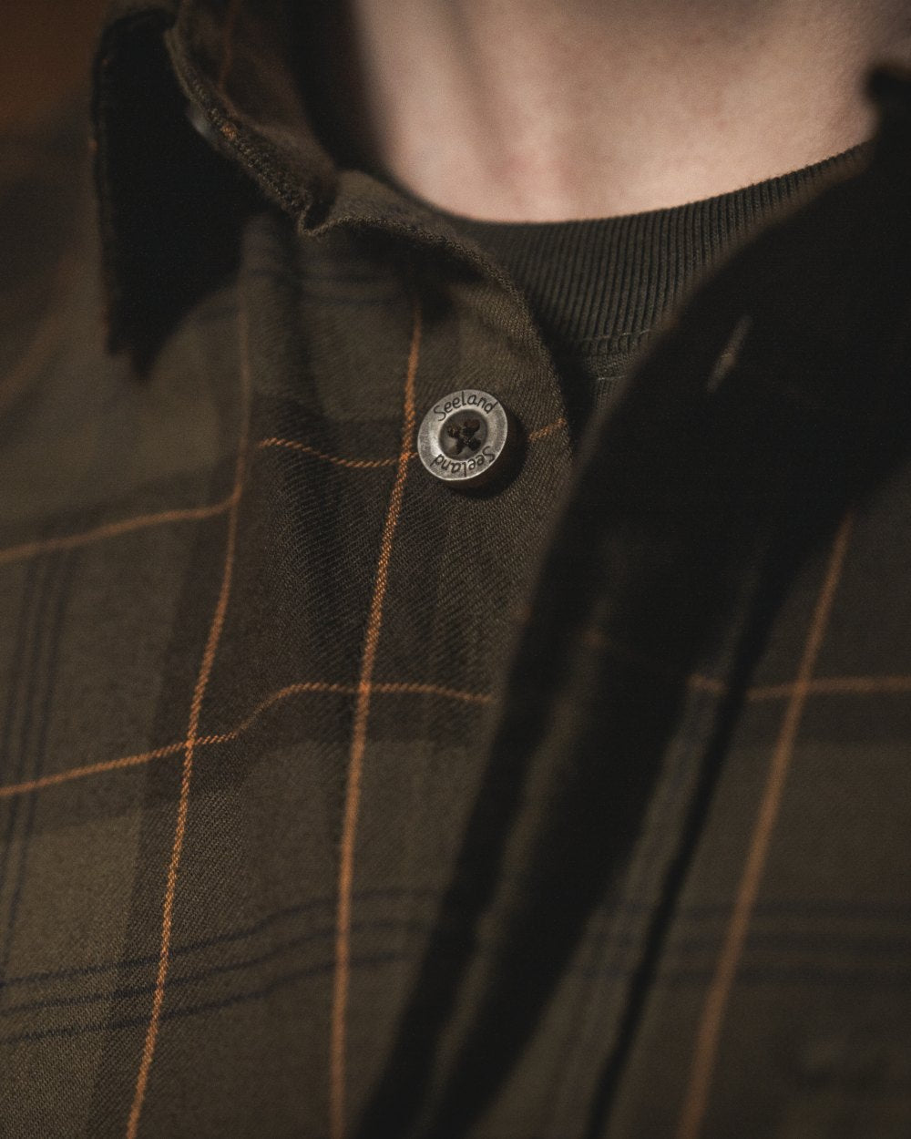 Pine Green Dark Navy Check Coloured Seeland Glen Flannel Shirt On A Outdoor Background #colour_pine-green-dark-navy-check