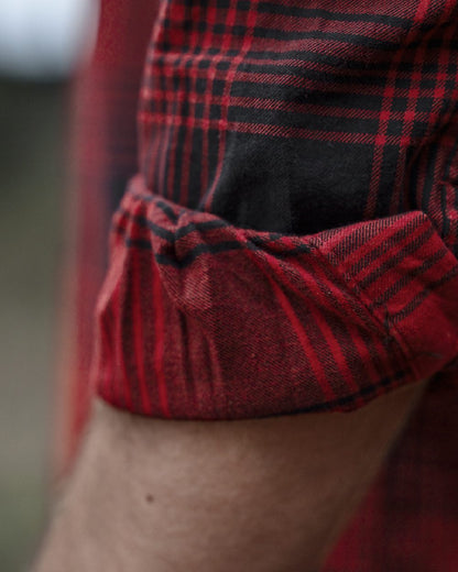 Red Check coloured Seeland Glen Flannel Shirt on woodland background #colour_red-check