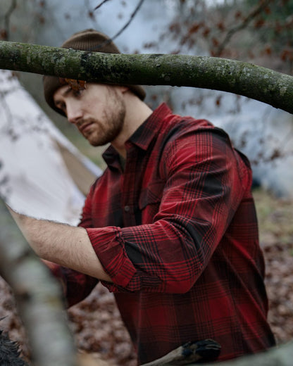 Red Check coloured Seeland Glen Flannel Shirt on woodland background #colour_red-check