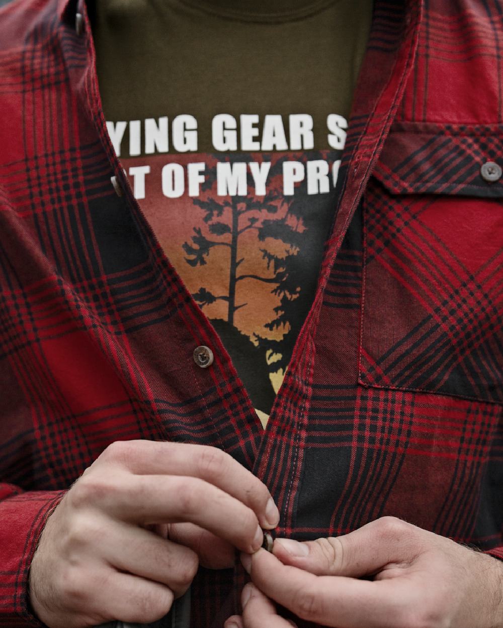 Red Check coloured Seeland Glen Flannel Shirt on woodland background #colour_red-check