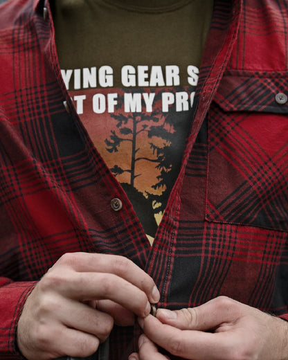 Red Check coloured Seeland Glen Flannel Shirt on woodland background #colour_red-check