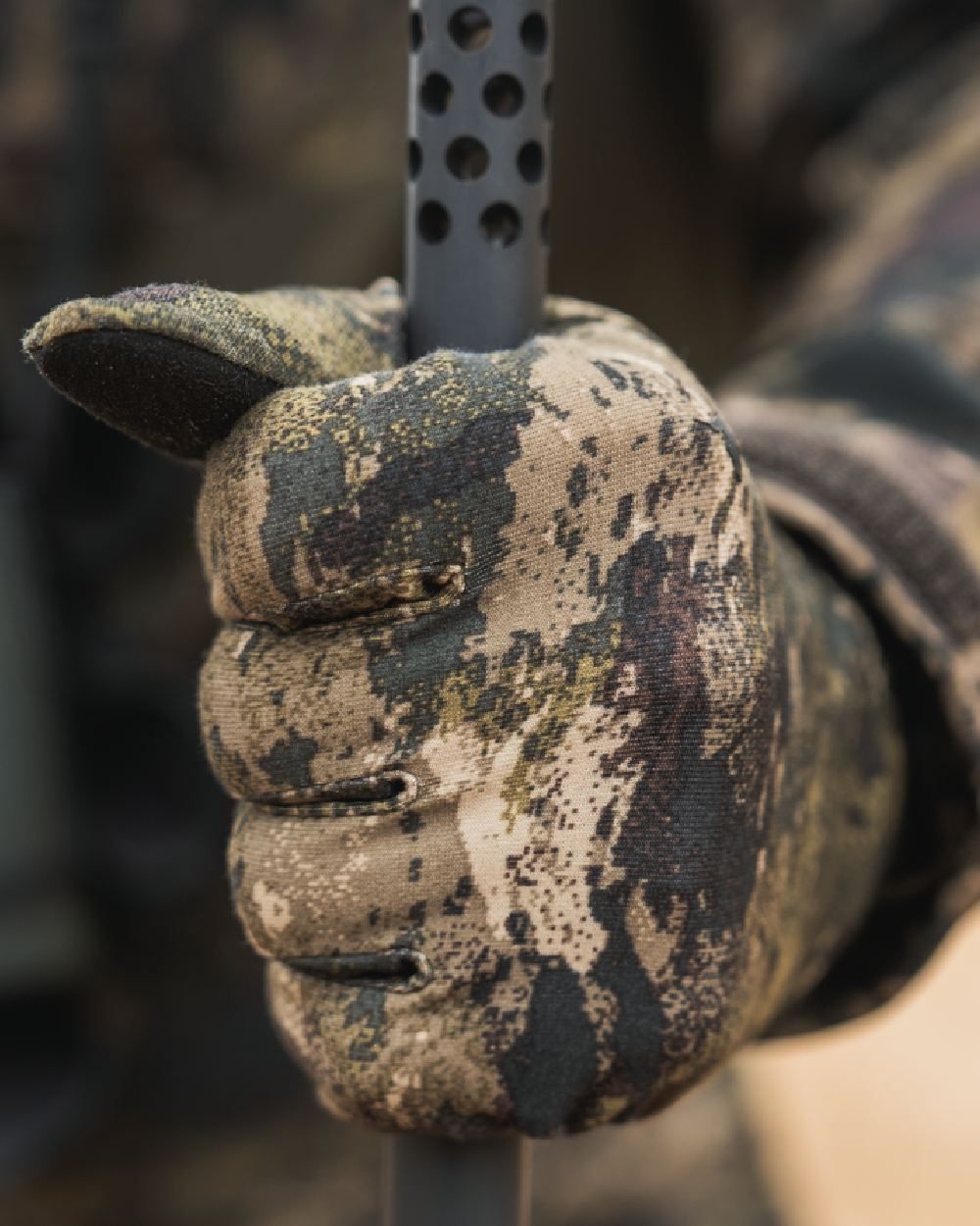 InVis MPC Green coloured Seeland Grip Camo Gloves on forest background #colour_invis-mpc-green