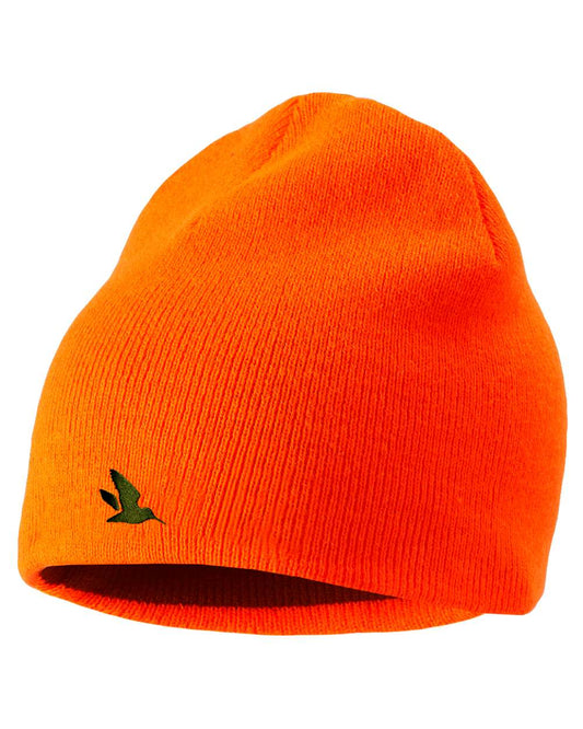 Hi-Vis Orange Pine Green Coloured Seeland Ian Reversible Beanie Hat on white background #colour_hi-vis-orange-pine-green