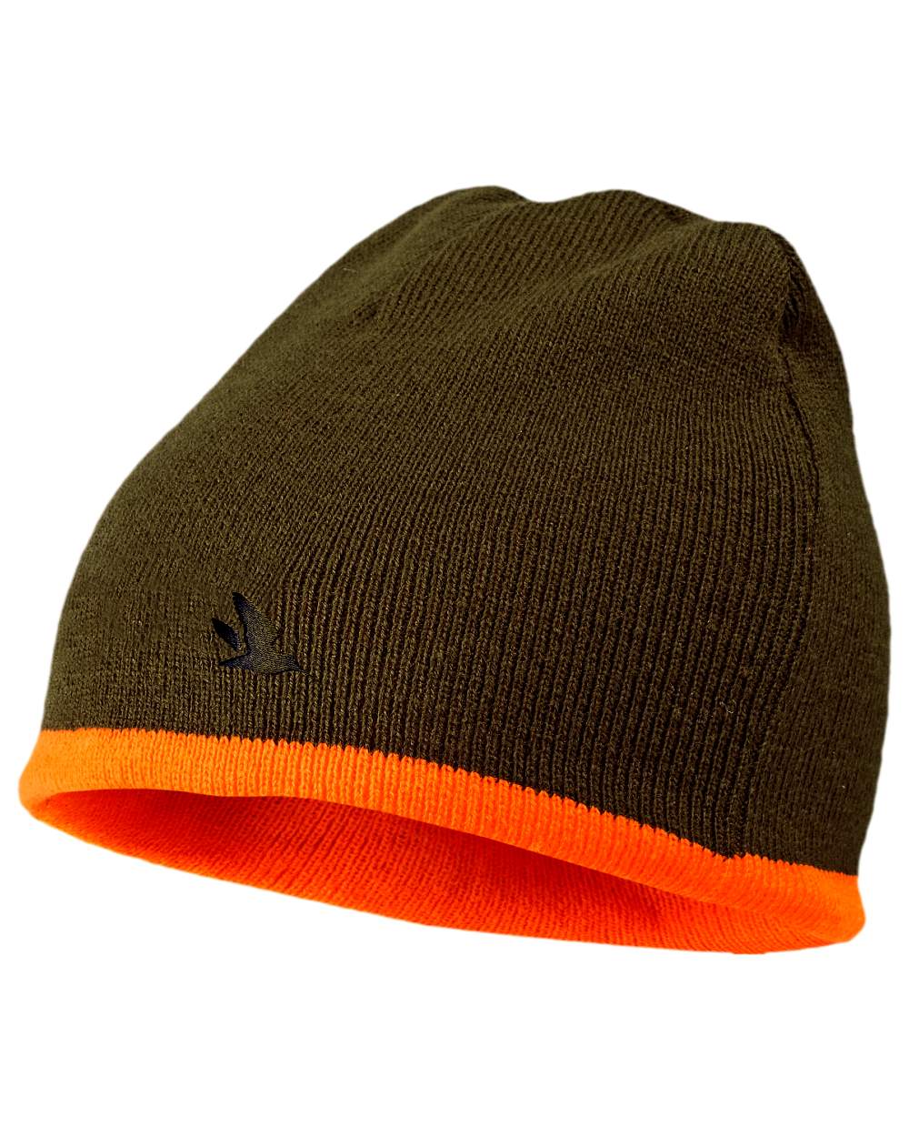 Hi-Vis Orange Pine Green Coloured Seeland Ian Reversible Beanie Hat on white background #colour_hi-vis-orange-pine-green