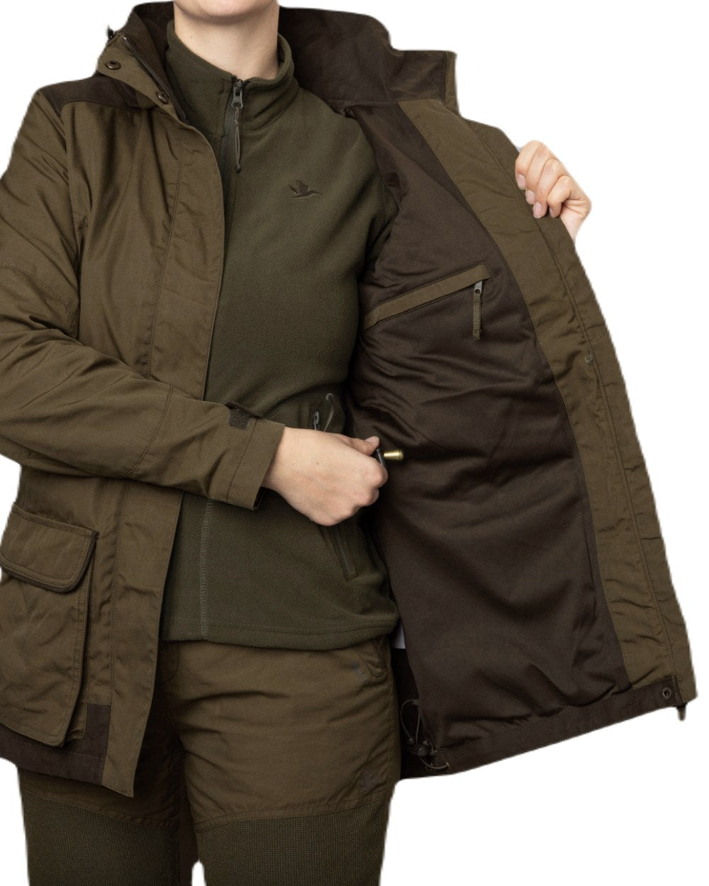 Pine Green Grizzly Brown Coloured Seeland Key-Point Kora Jacket on white background #colour_pine-green-grizzly-brown