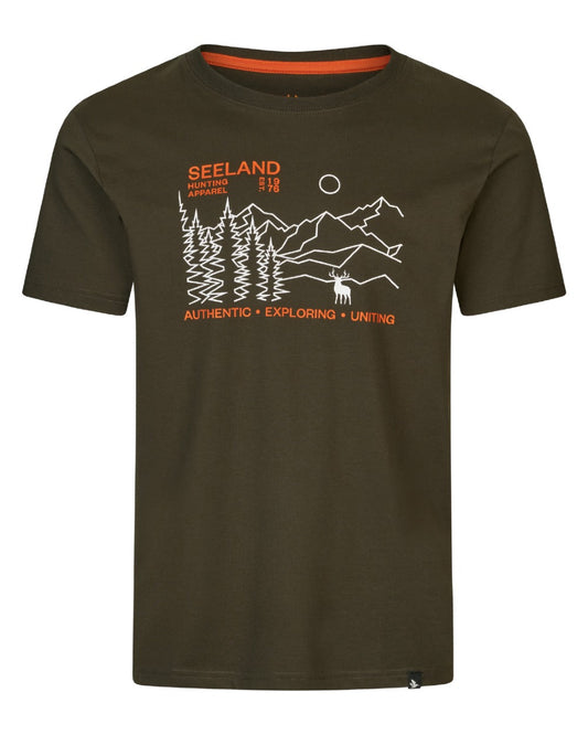 Pine Green Coloured Seeland Landscape T-Shirt on white background #colour_pine-green