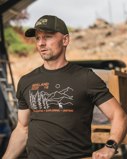 Pine Green Coloured Seeland Landscape T-Shirt on outdoor background #colour_pine-green