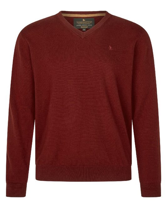 Merlot Coloured Seeland Mens Pine V-Neck Pullover on white background #colour_merlot