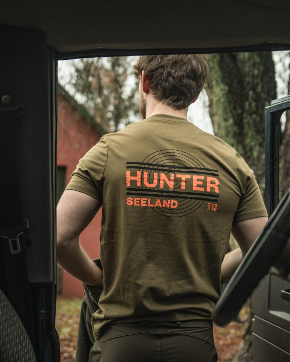 Military Olive Coloured Seeland On Point T-Shirt on outdoor background #colour_military-olive