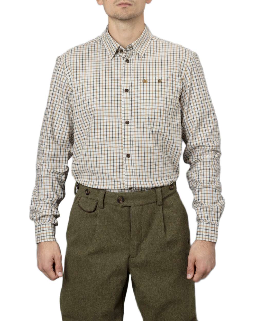 Classic Blue Classic Brown Check Coloured Seeland Oxford Shooting Shirt on white background #colour_classic-blue-classic-brown-check