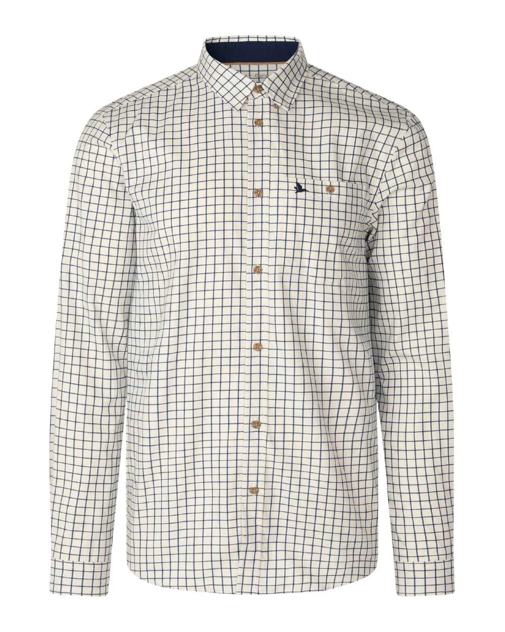 A long-sleeve button-down shirt with a white base and a fine green windowpane check pattern, featuring brown buttons and a small embroidered logo on the chest pocket. #colour_dark-sapphire-check