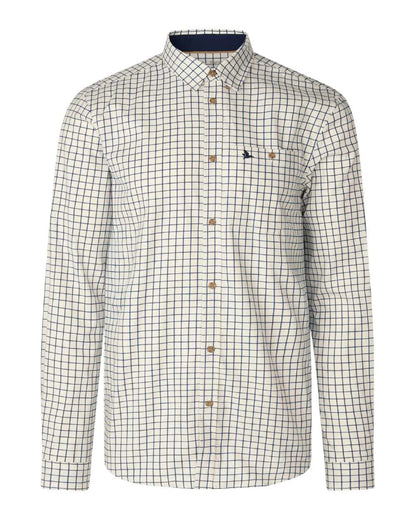 A long-sleeve button-down shirt with a white base and a fine green windowpane check pattern, featuring brown buttons and a small embroidered logo on the chest pocket. #colour_dark-sapphire-check
